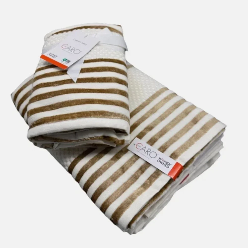 4pc Caro Gold Stripes 2 Bath 2 Hand Towel Set Luxury Velour Soft Cream Cotton